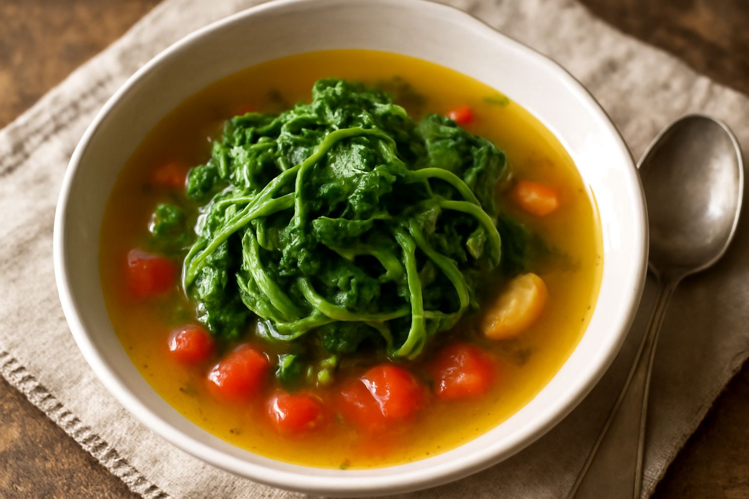 Minestra di tenerumi servita in ciotola bianca: brodo trasparente con germogli verdi teneri, cubetti di pomodoro rosso, aglio dorato e filo di olio d'oliva in superficie