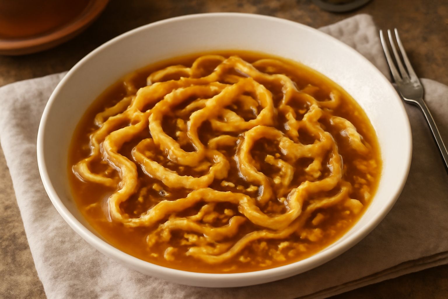 Minestra di tria in piatto fondo bianco con pasta fritta dorata parzialmente immersa in brodo chiaro, pane tostato sul bordo, cucchiaio di legno dentro il piatto