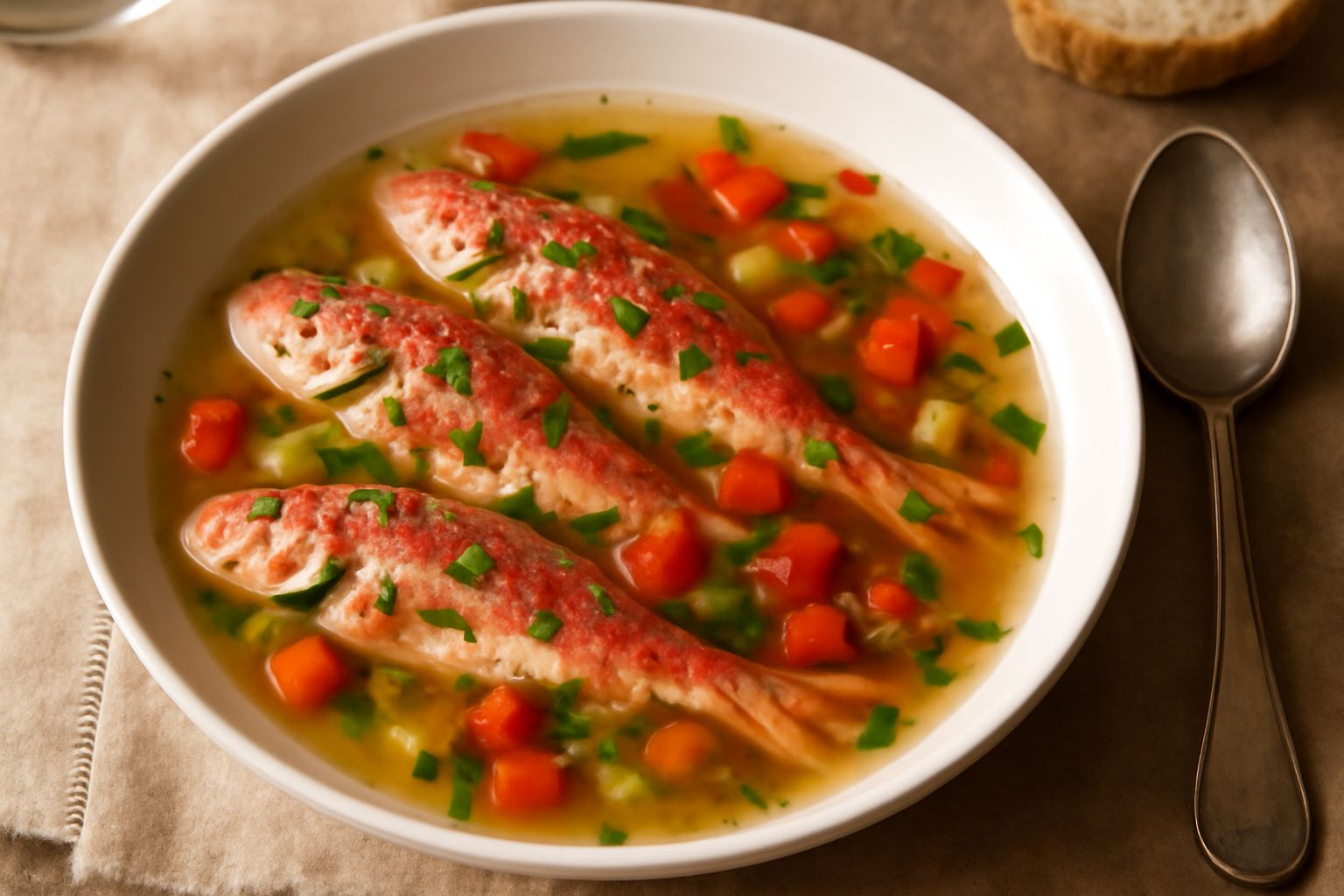 Minestra di triglie in un piatto fondo bianco: triglie intere rosso aranciate immerse in brodo trasparente ambrato con pomodori rossi, prezzemolo verde e fette di pane tostato ai lati