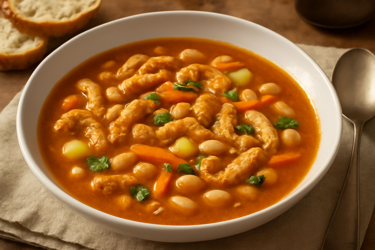 Minestra di trippa in una ciotola bianca, con pezzi di trippa morbida color nocciola, fagioli bianchi, carota e sedano visibili nel brodo, guarnita con prezzemolo verde fresco
