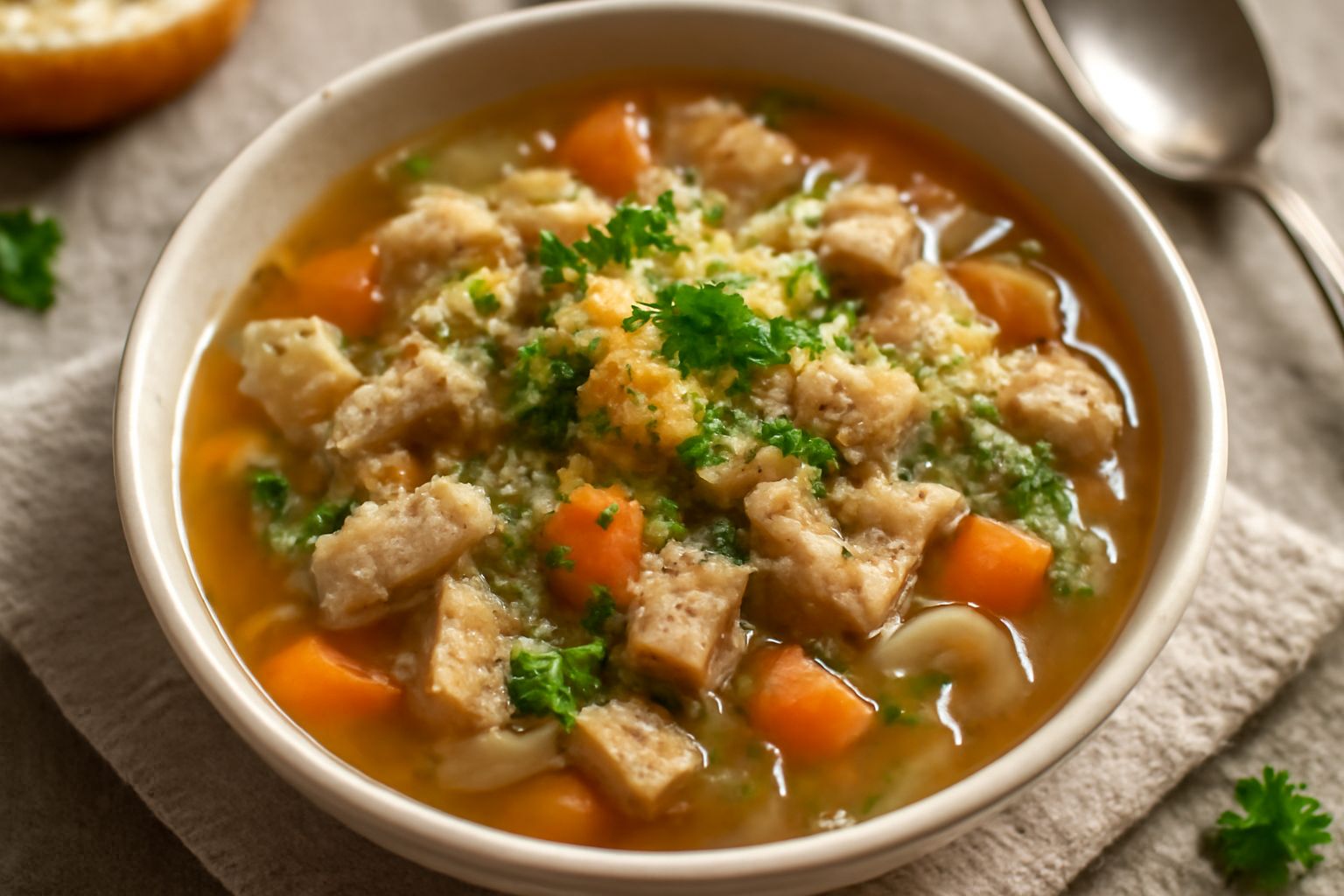 Minestra di trippa in ciotola bianca con brodo trasparente, pezzi di trippa grigia e tenera, carota arancione, sedano bianco, prezzemolo verde fresco sparso in superficie, parmigiano grattugiato, cucc