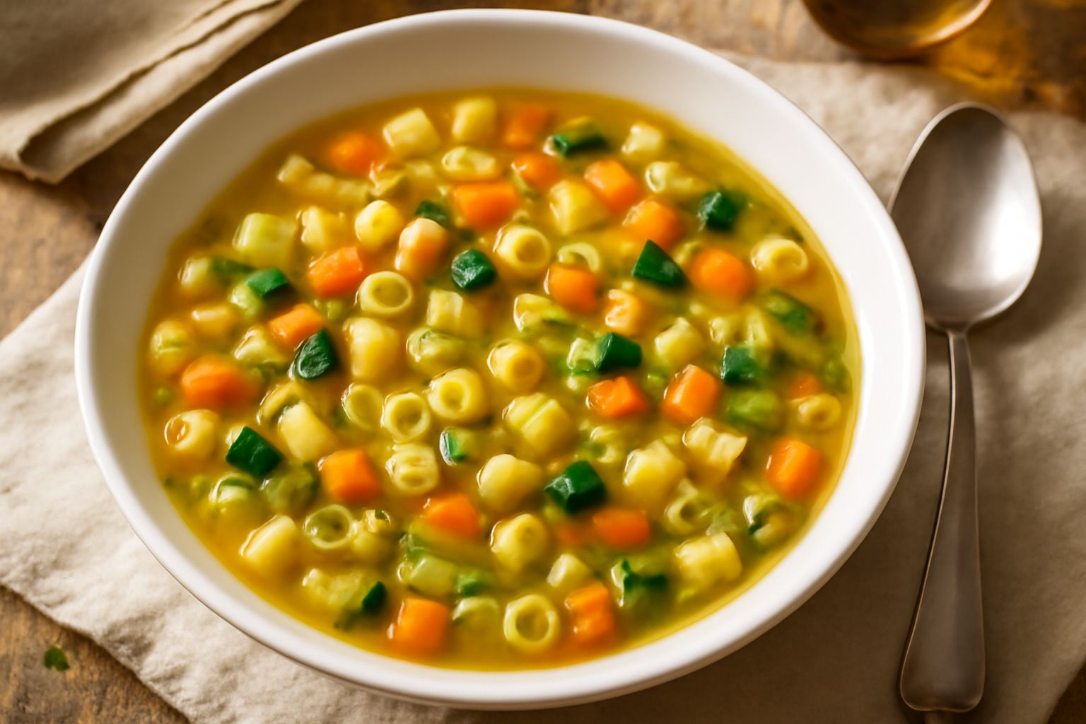 Ciotola di ceramica bianca con minestra di trocchetti: piccola pasta gialla in brodo trasparente, carote arancioni tagliate a dadini, zucchine verdi, sedano pallido, gocce di olio d'oliva sulla superf