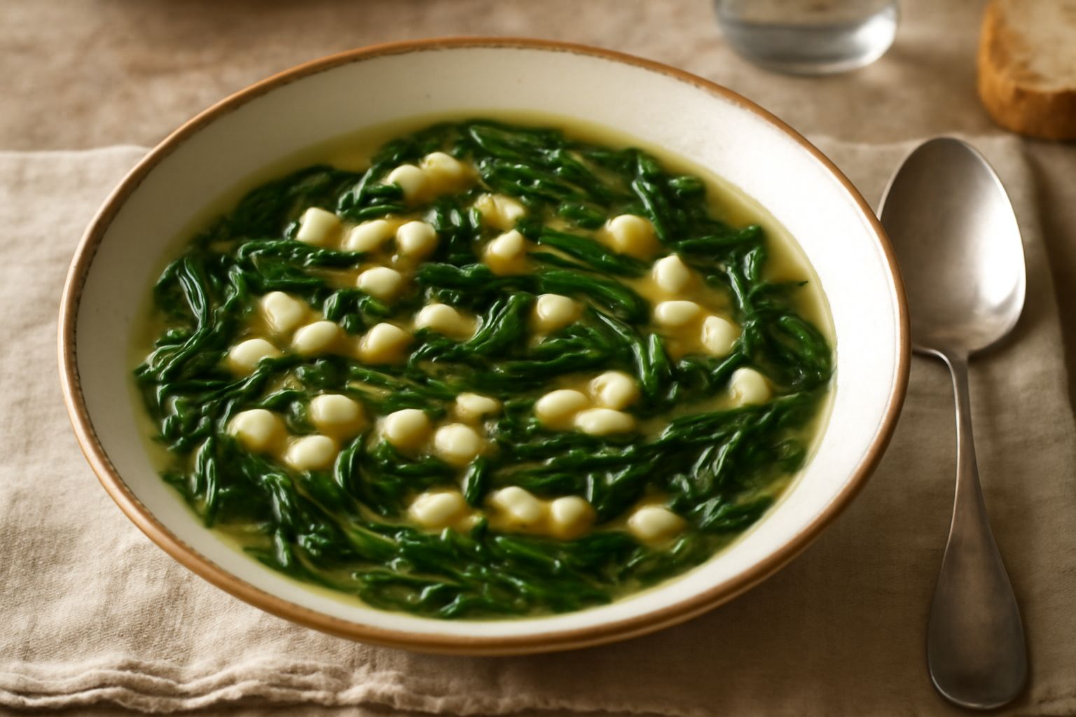 Ciotola di minestra con trocchetti di pasta bianchi immersi in brodo chiaro, cicoria verde scuro visibile, servita in piatto fondo bianco con cucchiaio, vapore leggero sulla superficie