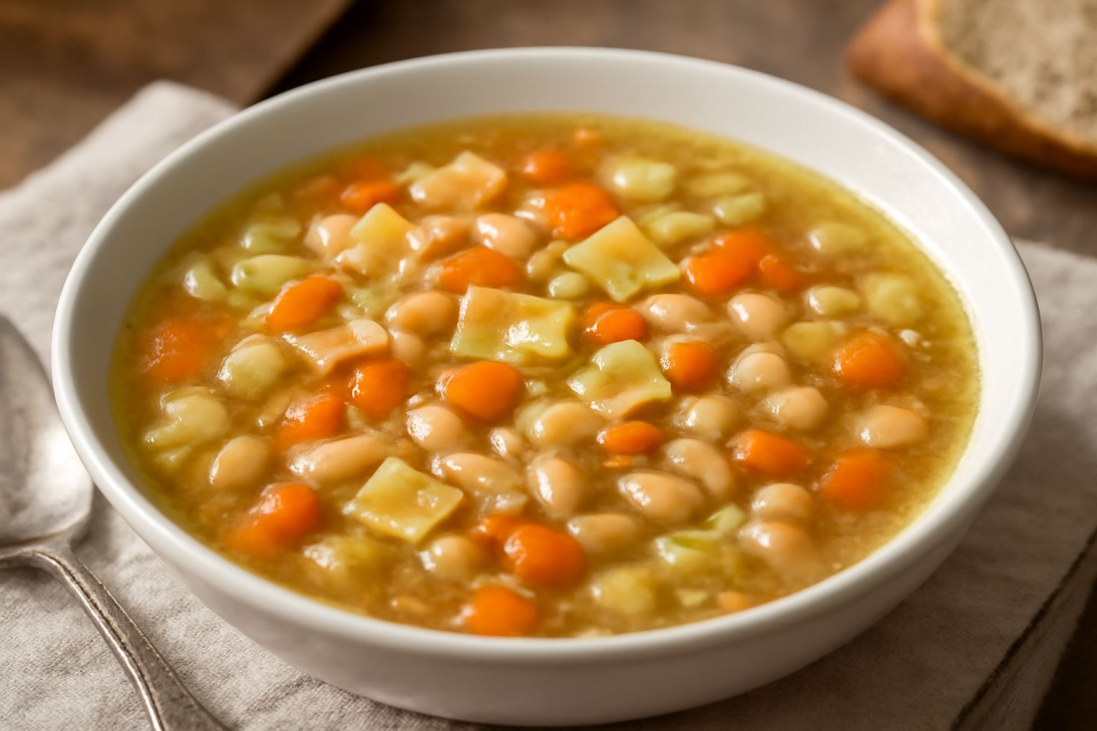 Ciotola di ceramica bianca con minestra di trocchi: pasta corta color grano, fagioli bianchi, carote e sedano in brodo trasparente, decorata con prezzemolo fresco tritato, cucchiaio di legno appoggiat