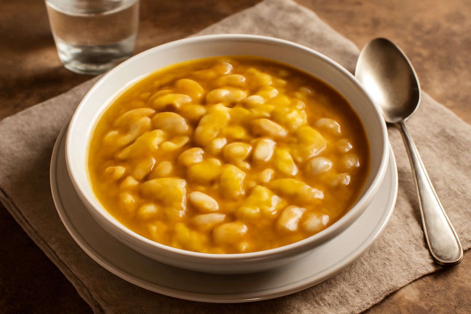 Una ciotola di minestra con pasta trocchia color grano, fagioli bianchi e rossi, brodo leggermente denso, accompagnata da un cucchiaio di legno e un piatto fondo bianco