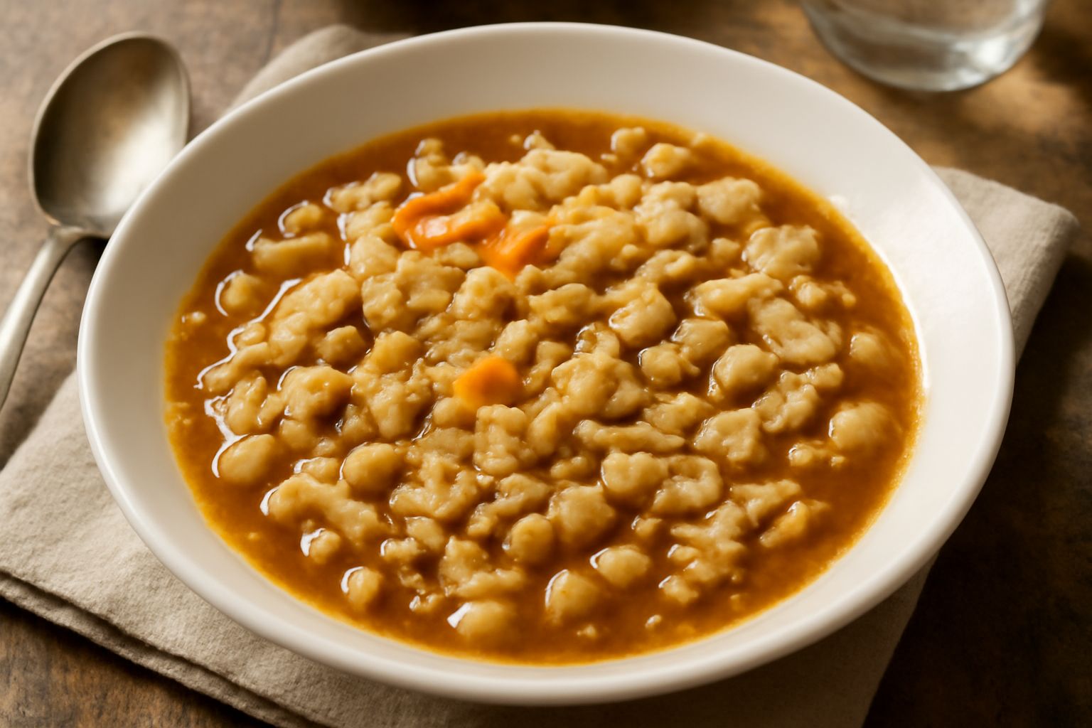 Una ciotola bianca con minestra di troccia: brodo trasparente marrone, pasta beige strappata irregolare, fagioli bianchi e rossi visibili, olio verde in filo sulla superficie, pane tostato sul bordo