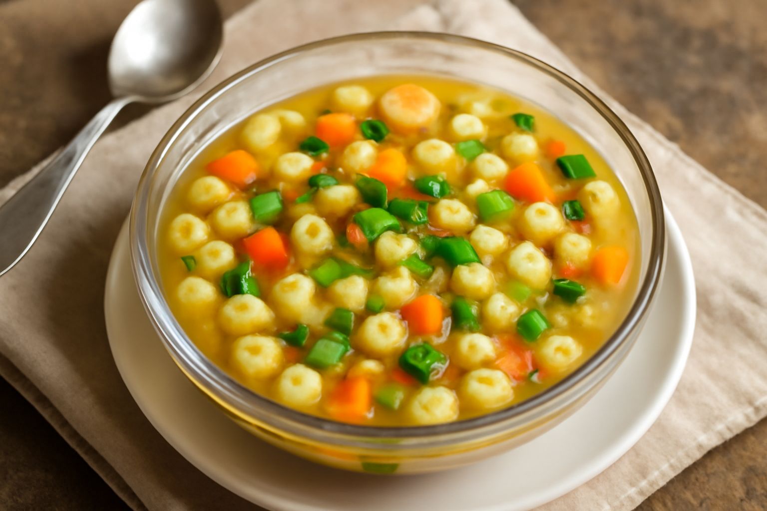 Minestra di troccoletti in una ciotola bianca: piccoli tozzi di pasta color crema galleggiano in brodo trasparente con dadini di verdure, carote arancioni, zucchine verdi e prezzemolo fresco spolverat