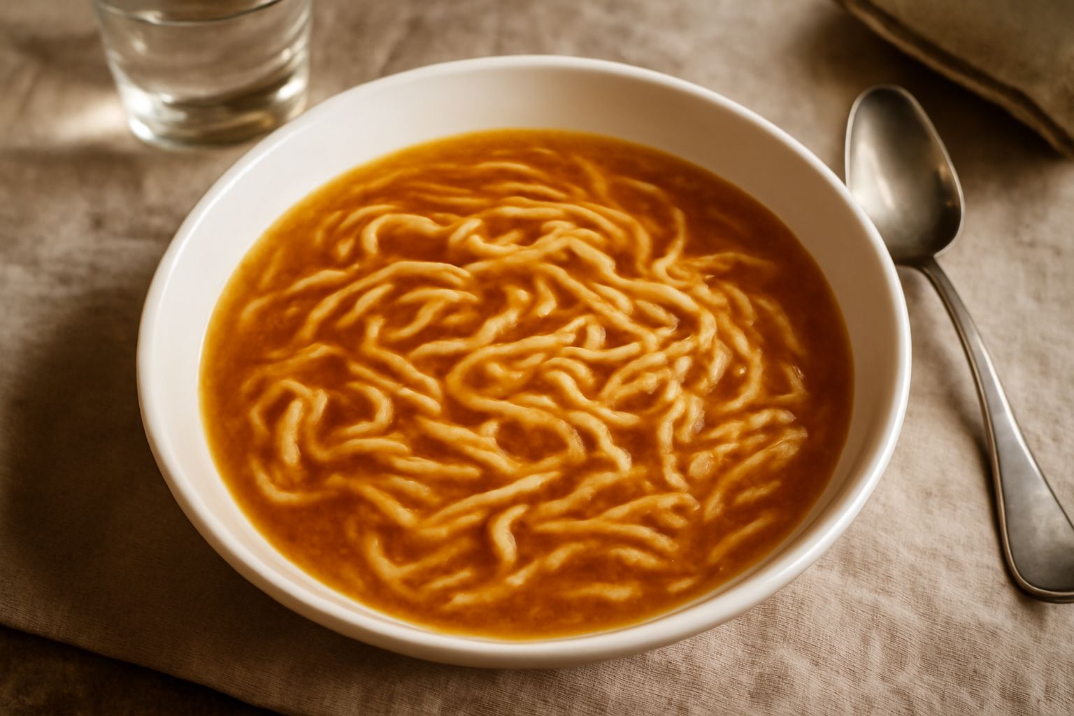 Ciotola di ceramica bianca con minestra di trocoli, pasta fine giallognola immersa in brodo trasparente, condita con grana grattugiato e prezzemolo fresco sul tavolo di legno