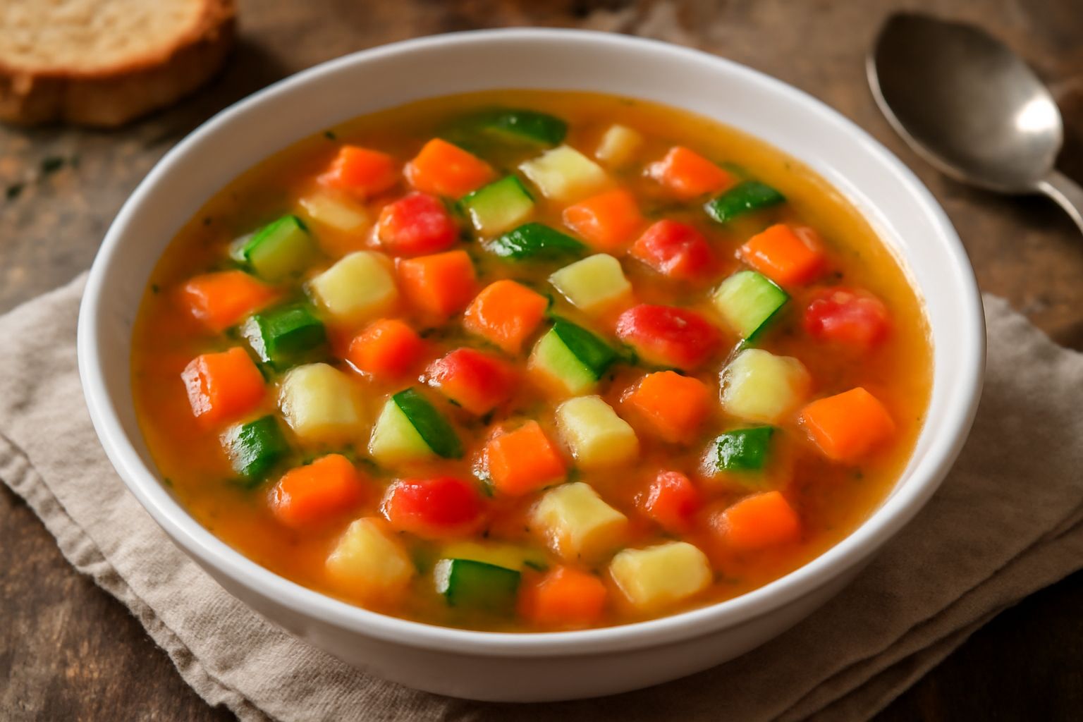 Minestra di verdura in scodella di ceramica bianca con carote arancioni, zucchine verdi e pomodoro, bagnate in brodo trasparente e dorato, guarnita con prezzemolo fresco tritato, piatto bianco su tavo