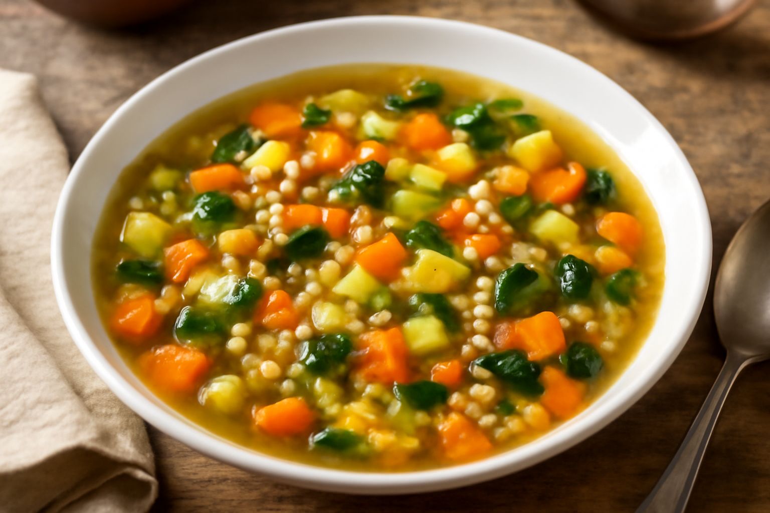 Minestra di verdura di stagione in ciotola bianca, con carote arancioni, zucchine verdi, pomodori rossi, orzetto in brodo trasparente dorato, gocce di olio di oliva in superficie, cucchiaio di legno d