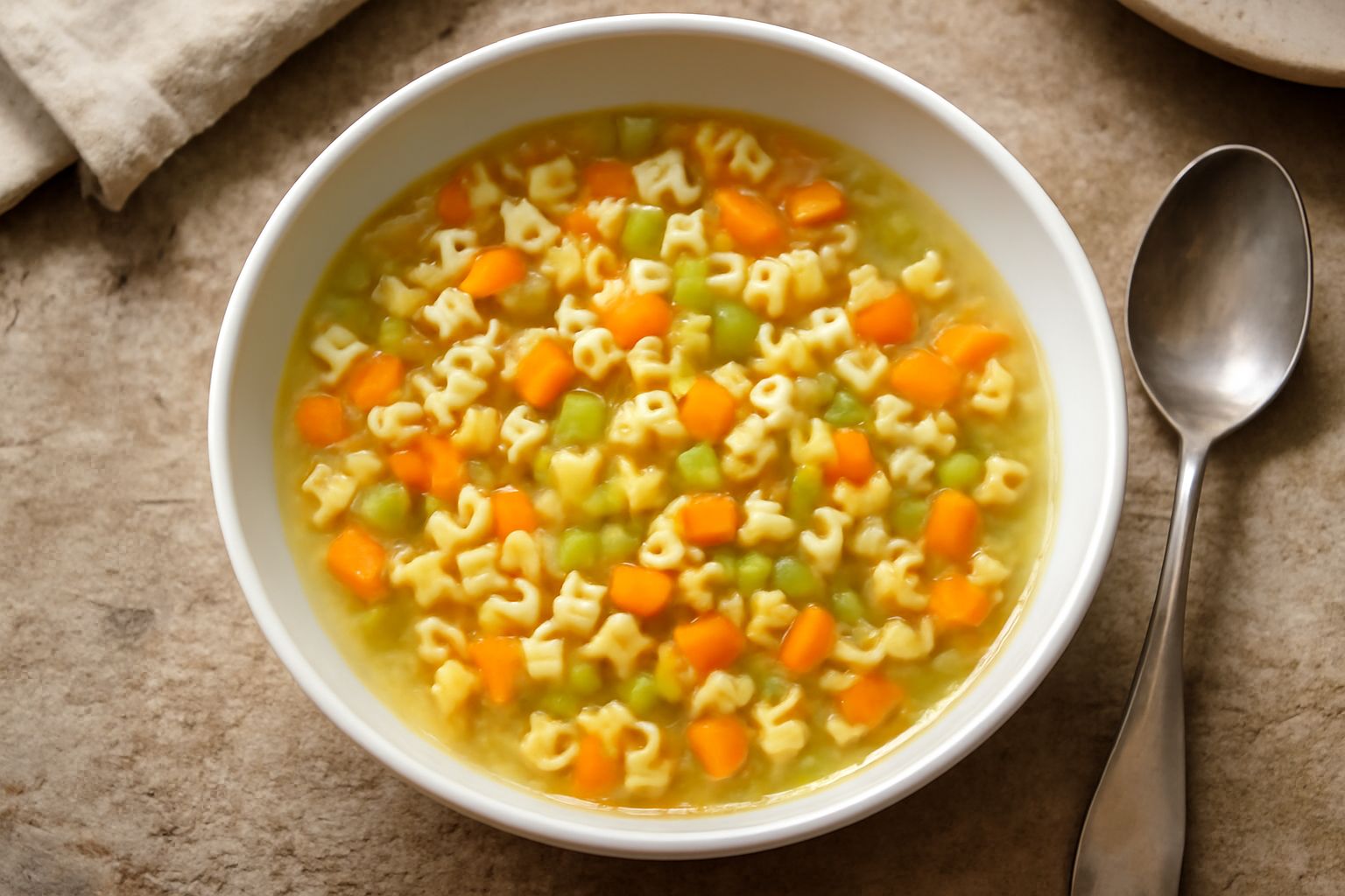 Minestra di verdura e pasta in ciotola bianca profonda, con carote arancioni, zucchine verdi, pomodori rossi, patate gialle pallido e pasta piccola in brodo trasparente, con un filo di olio verde in s