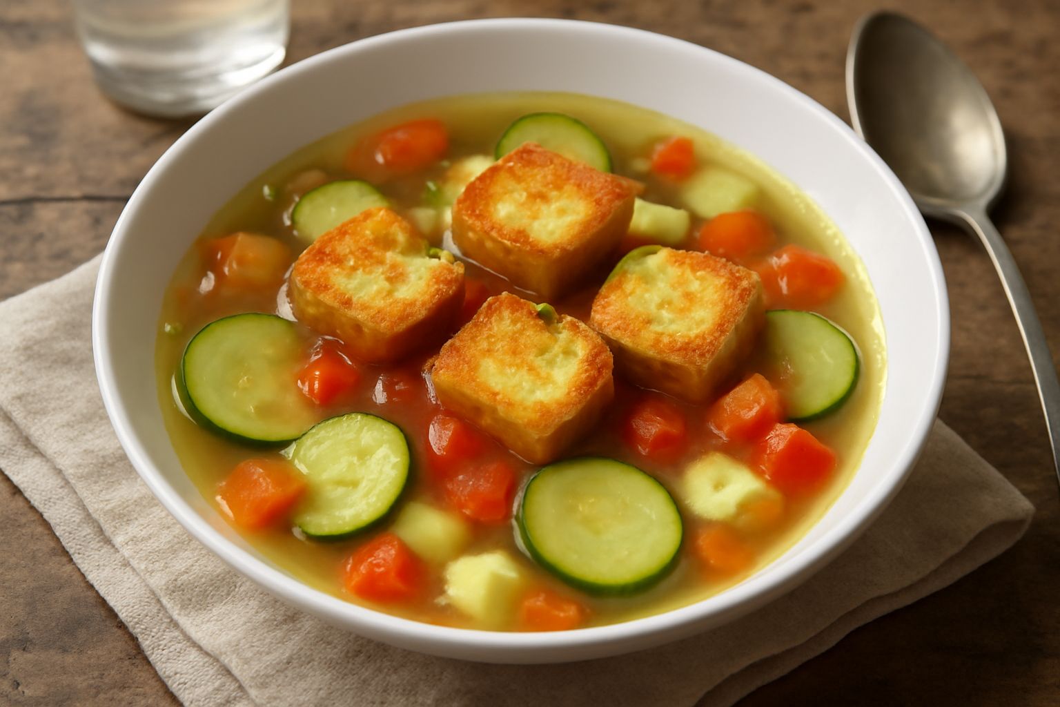 Minestra di verdure in ciotola bianca con crostini dorati galleggianti in superficie, zucchine verdi, carote arancioni, pomodori rossi visibili nel brodo trasparente