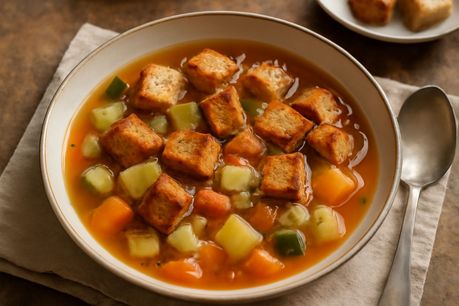 Minestra di verdure in ciotola di ceramica bianca, con dadini di pane tostato dorato, verdure miste colorate, brodo trasparente, cucchiaio di legno, tavolo di legno scuro