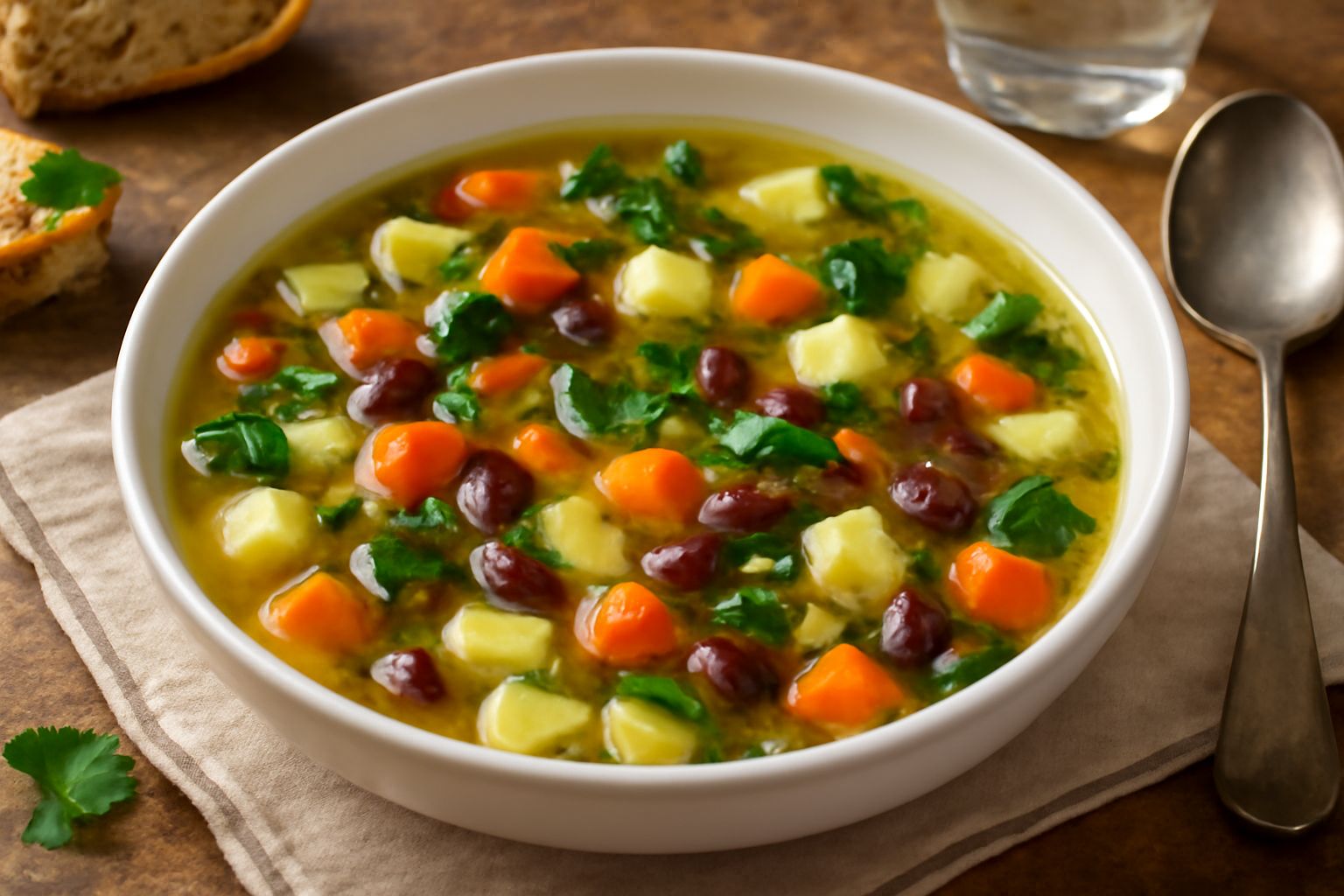 Minestra di verdure in ciotola bianca: zucchine tagliate a cubetti, carote arancioni, patate bianche, fagioli scuri, prezzemolo verde sparso sopra, brodo dorato chiaro, su tavolo di legno scuro con cu