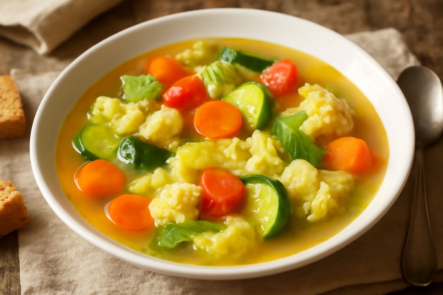 Minestra di verdure in ciotola bianca: brodo trasparente con carote arancioni tagliate a dadini, zucchine verdi, pomodori rossi, sedano e prezzemolo fresco in superficie. Cucchiaio di legno appoggiato