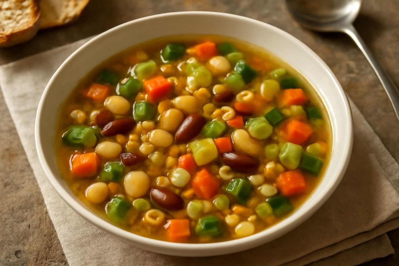 Una ciotola bianca con minestra di verdure e legumi: zucchine tagliate a dadini, carote arancioni, fagioli bianchi e rossi, pomodori rossi, brodo trasparente, prezzemolo verde fresco sparso in superfi