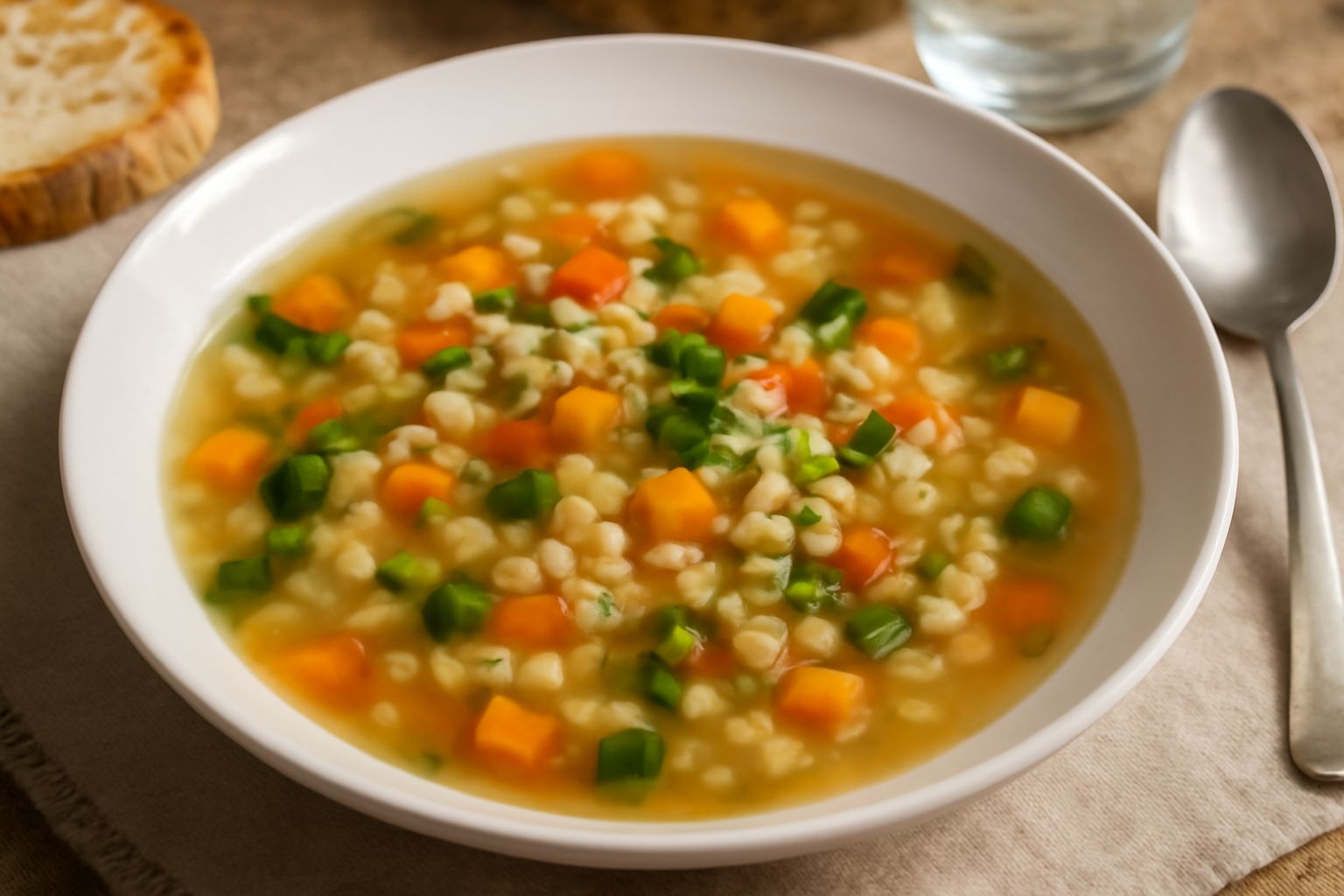 Ciotola profonda di ceramica bianca con minestra fumante: orzo perlato visibile in brodo trasparente, dadini di carota arancione, zucchina verde, pomodoro rosso, prezzemolo fresco sopra, cucchiaio di 