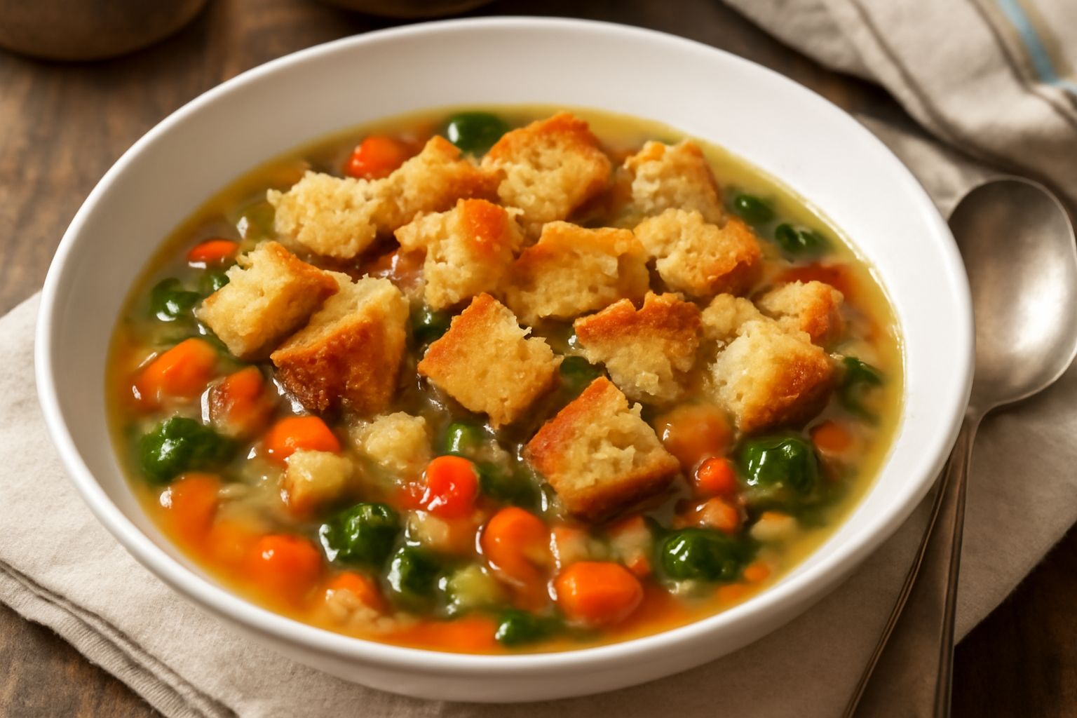 Ciotola di terracotta con minestra di verdure, carote arancioni, zucchine verdi, pomodori rossi e scaglie di pane tostato galleggianti nel brodo caldo, guarnita con prezzemolo fresco verde