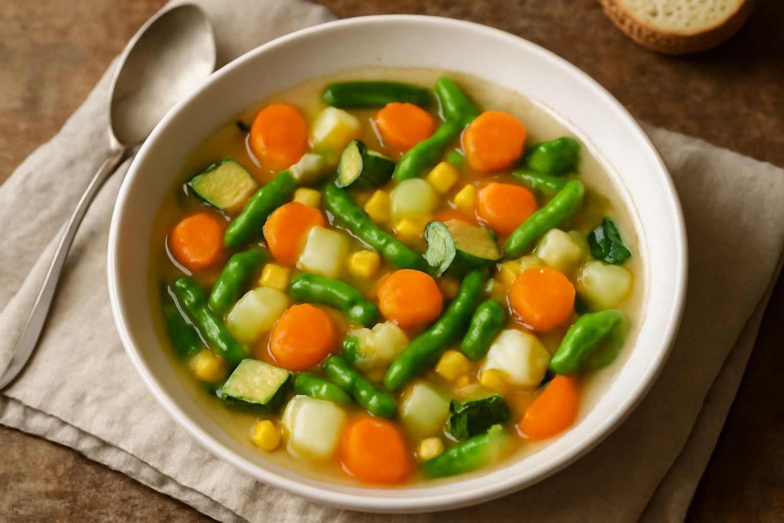 Una ciotola di ceramica bianca riempita di minestra: verdure tagliate a dadini di colore verde intenso, arancione e giallo galleggiano in un brodo trasparente e luminoso, con una fogliolina di prezzem