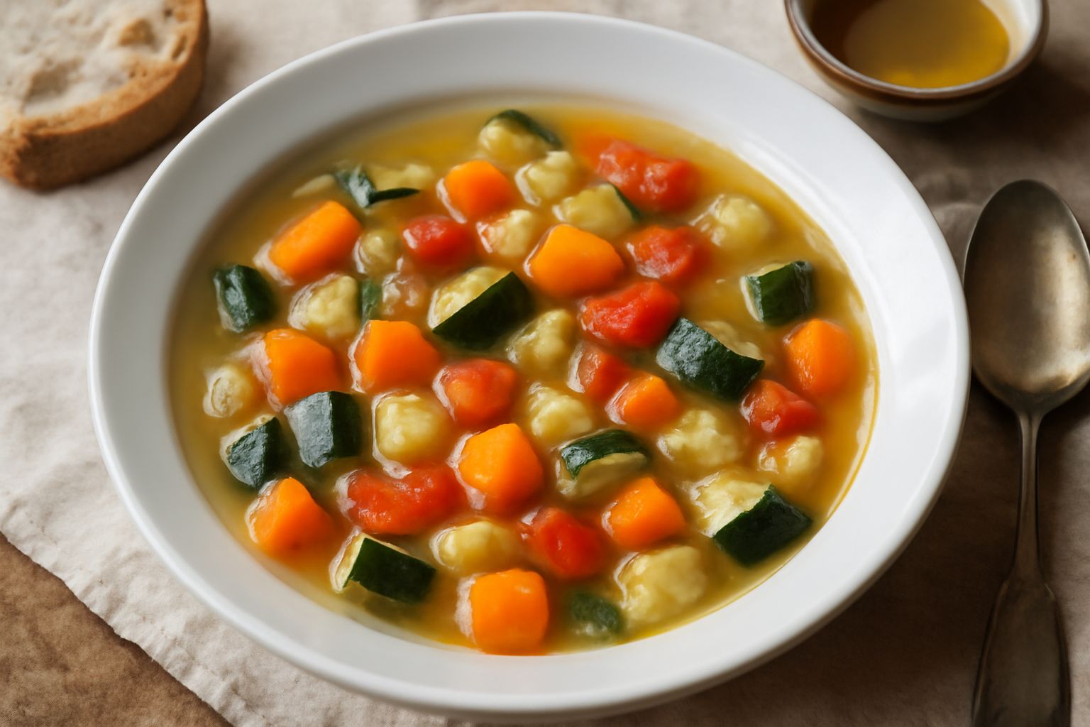 Ciotola bianca con minestra di verdure: pezzi di zucchina, carota, pomodoro e cavolo immersi in brodo trasparente giallognolo, con filo di olio verde in superficie e fetta di pane tostato poggiata sul