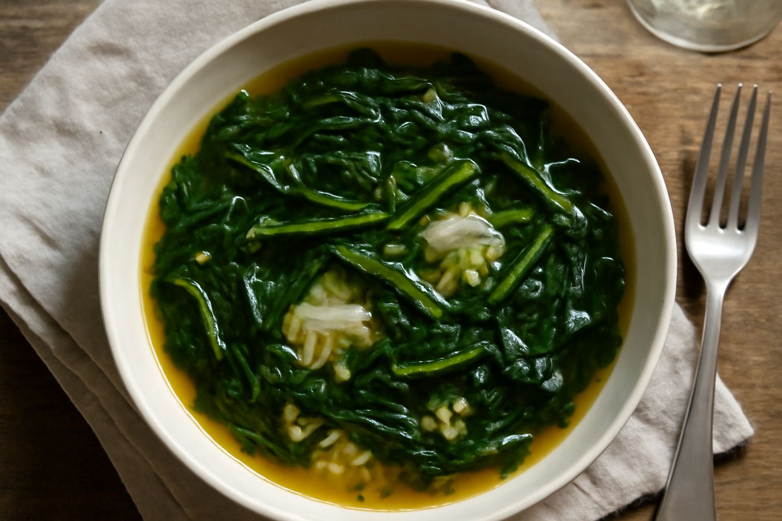 Minestra di verdure selvatiche servita in ciotola bianca, con fili di cicoria verde scuro, chicchi di riso visibili nel brodo, gocce di olio extravergine in superficie, dischi di cipolla cotta e una f