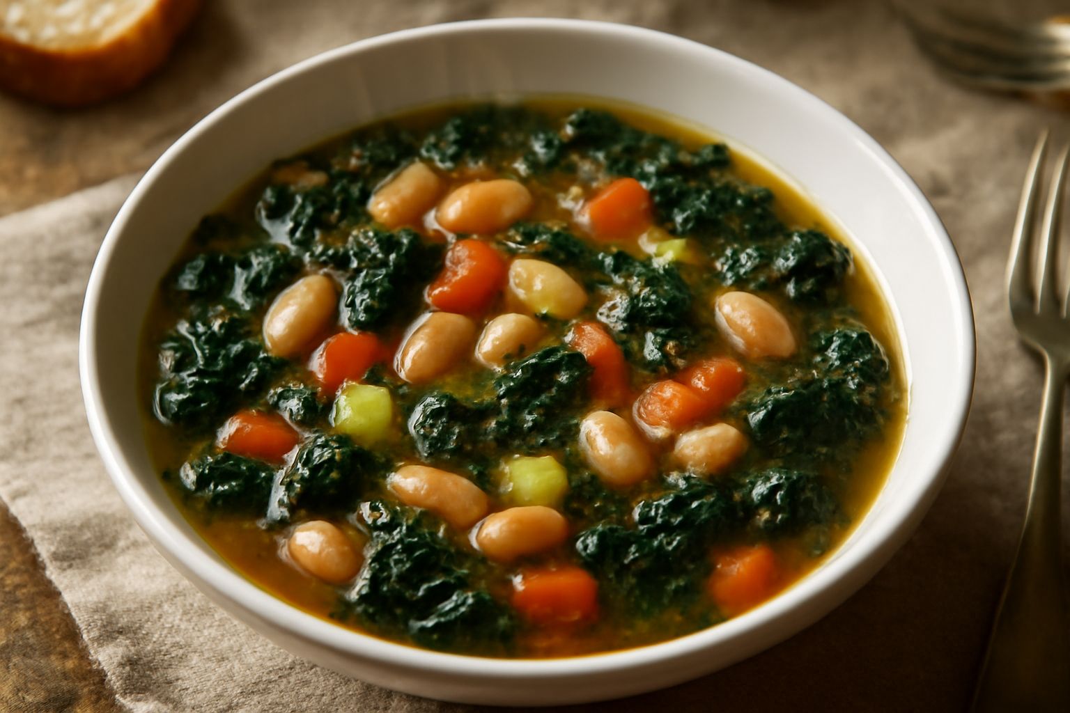 Minestra di verdure toscana servita in una ciotola bianca fonda, con cavolo nero scuro, fagioli bianchi visibili, zucchine tenere, pomodoro rosso e brodo trasparente color ambra. Superficie con fili d