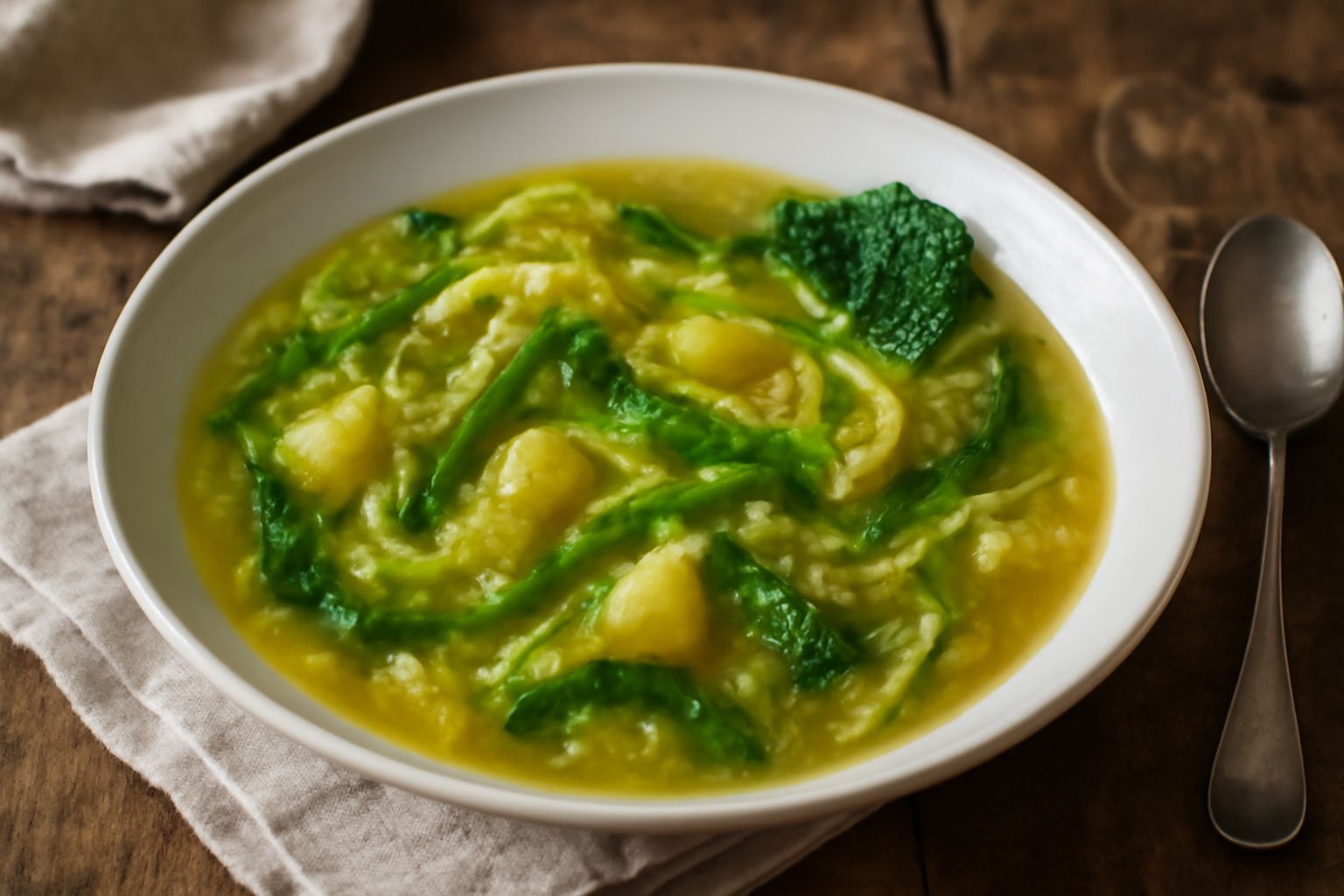 Minestra di verza servita in ciotola bianca fonda, brodo trasparente color oro, striscioline di cavolo verde brillante visibili in superficie, patate morbide spezzettate, gocce di olio extravergine in