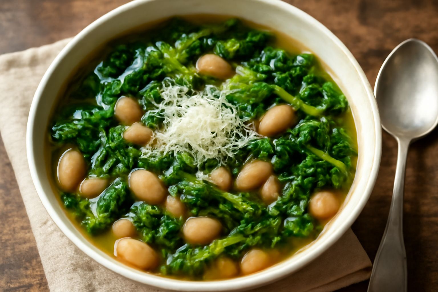 Minestra di verza e fagioli servita in un piatto fondo bianco di ceramica, con fette di verza verde intenso, fagioli beige cremosi, brodo trasparente dal colore nocciola, guarnita con un filo di olio 