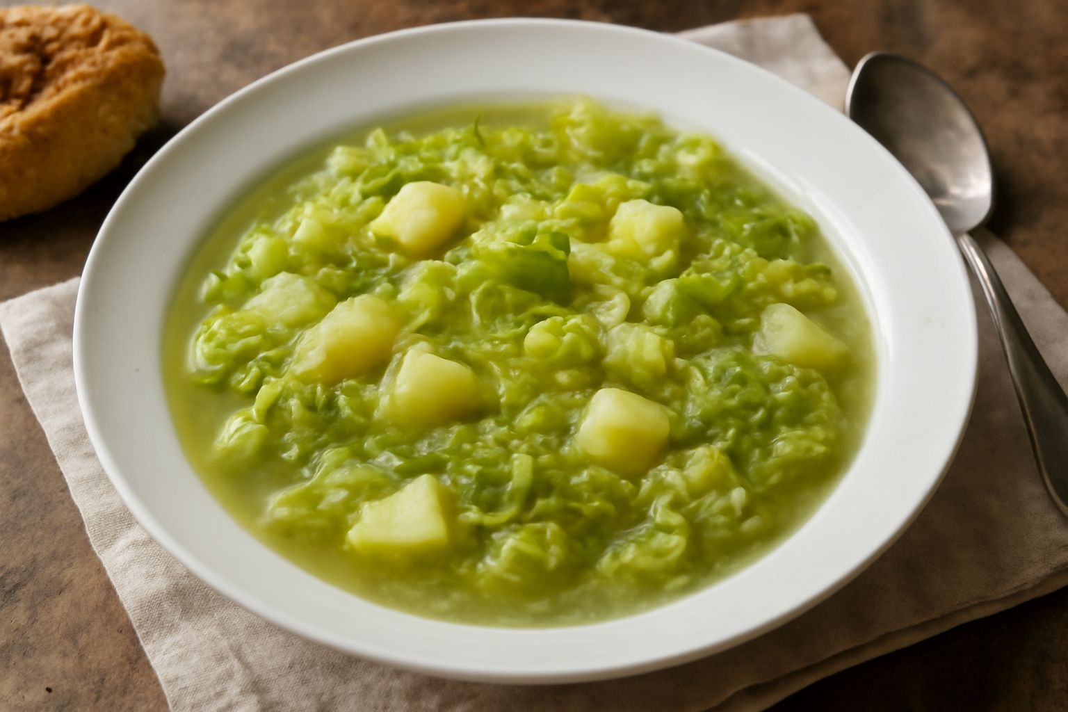 Una ciotola bianca di minestra di verza e patate, con foglie di verza verde chiaro affioranti dal brodo leggermente denso, pezzetti di patata bianca, filo d'olio verde in superficie, pane tostato sull