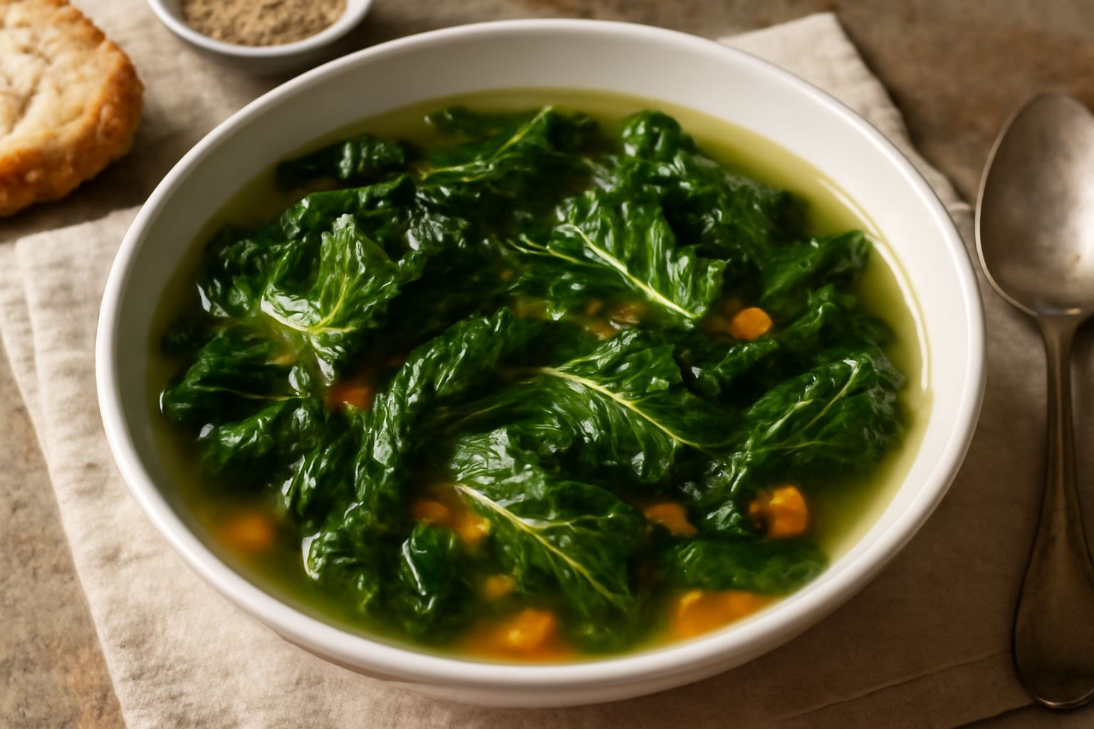 Una ciotola bianca ricolma di minestra di verze fumante: foglie di verza tenera in brodo chiaro, con olio lucido in superficie, sedano e carota visibili, servita con pane tostato accanto