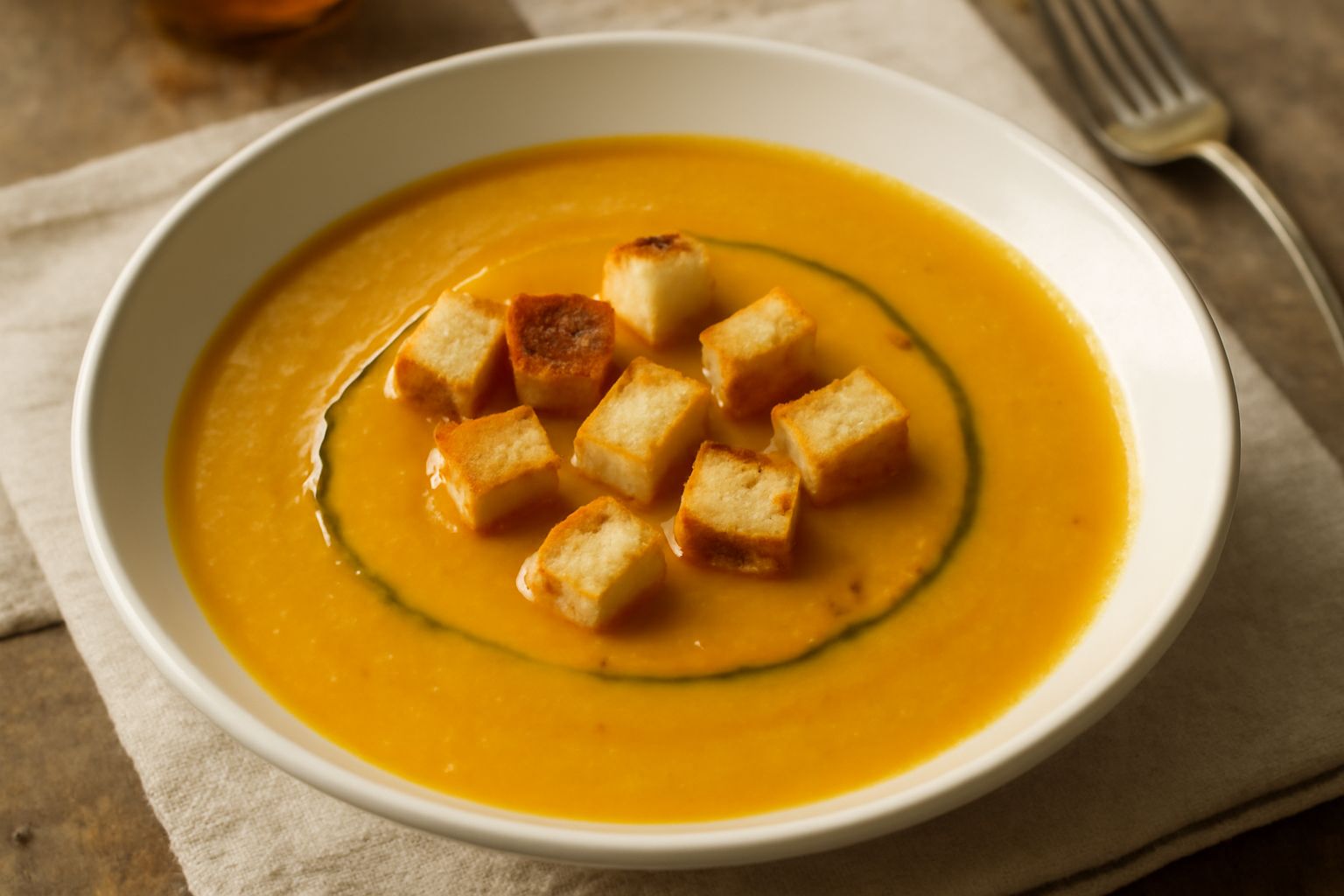 Ciotola bianca con minestra di zucca arancione cremosa, guarnita con crostini tostati e un filo di olio di oliva, vapore appena visibile sulla superficie