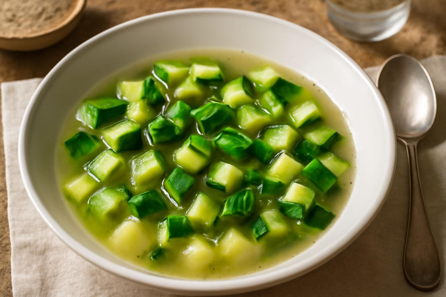 Minestra di zucchine servita in ciotola bianca, con zucchine dadi verdi brillanti, patate morbide, brodo trasparente, basilico fresco e filo di olio d'oliva in superficie