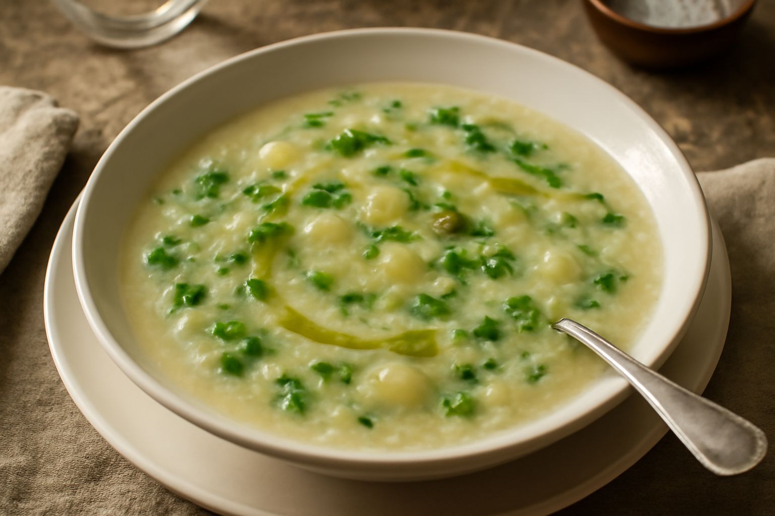 Una ciotola bianca di ceramica piena di minestra d'indivia cremosa, con pezzi di indivia e patate visibili nel brodo, guarnita con un filo d'olio e prezzemolo fresco, al centro di un piatto fondo