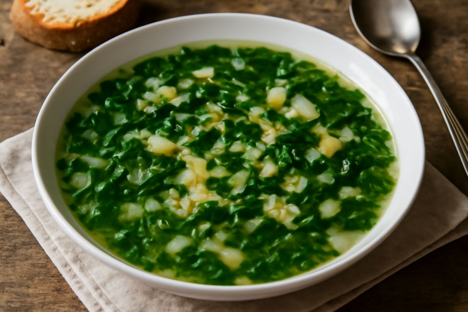 Ciotola bianca con minestra d'insalata: brodo trasparente, verdure verdi tagliate finemente, pasta corta, gocce di olio verde in superficie, zucchina e bietola visibili
