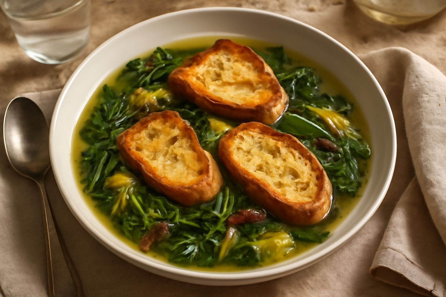 Ciotola di minestra con verdure selvatiche verdi e giallastre, brodo trasparente, fette di pane tostato galleggianti in superficie, ricoperta di parmigiano grattugiato, servita in piatto di ceramica b
