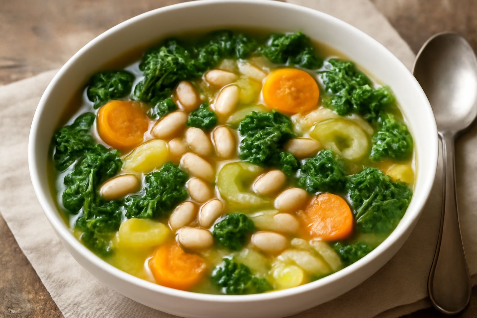 Minestra d'inverno in ciotola di ceramica bianca: cavolo verde scuro, carote arancioni a dadini, patate gialle, fagioli bianchi in brodo trasparente, gambo di sedano verde, servita su tavolo di legno 