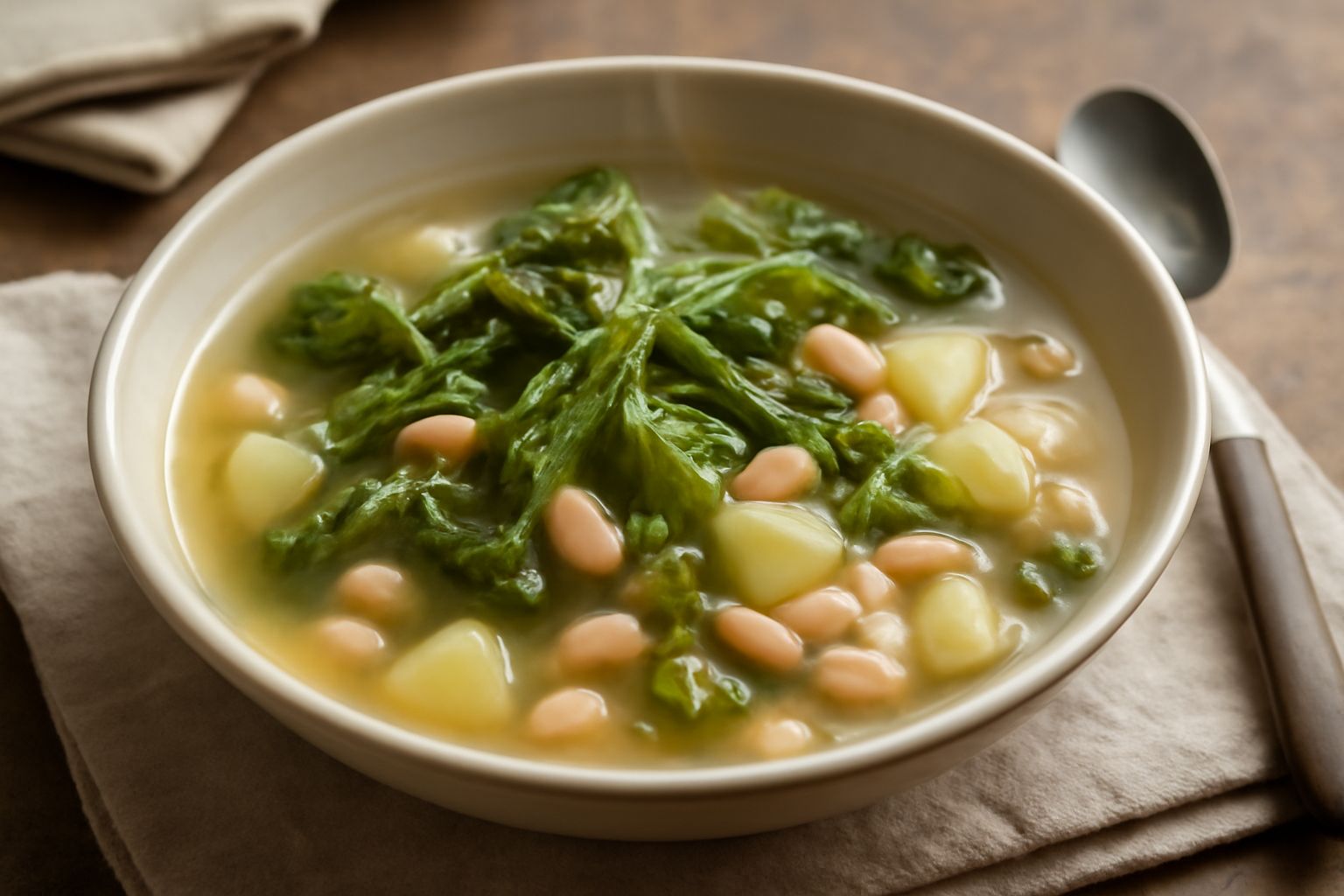 Ciotola di ceramica bianca con minestra fumante: cavolo verde tagliato in strisce, patate cubetti, fagioli bianchi visibili in brodo trasparente e caldo, un cucchiaio di legno appoggiato sul bordo