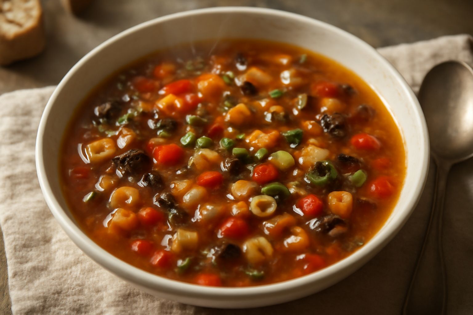 Minestra fumante in ciotola bianca, con verdure secche reidratate che galleggiano nel brodo bruno dorato, pasta piccola visibile, guarnita con prezzemolo verde fresco e gocce di olio d'oliva