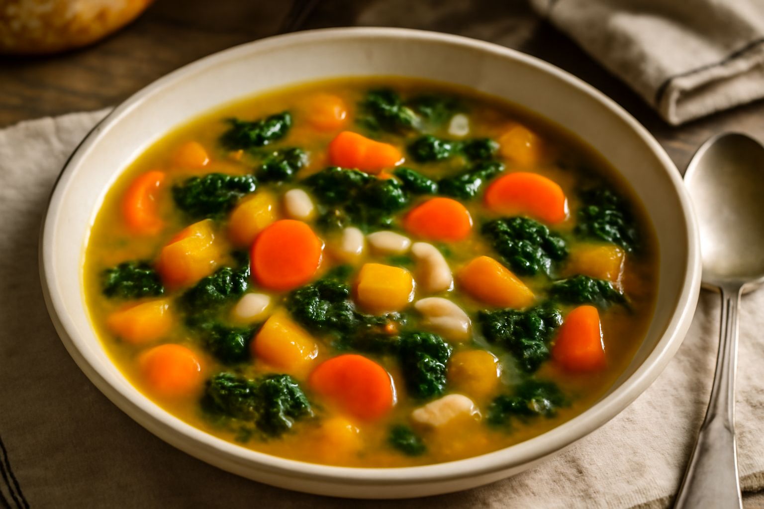 Una ciotola di ceramica bianca con minestra d'inviernu fumante, contenente cavolo verde, fagioli bianchi, carote e zucca gialla, con un cucchiaio di legno appoggiato al bordo, su un tavolo rustico