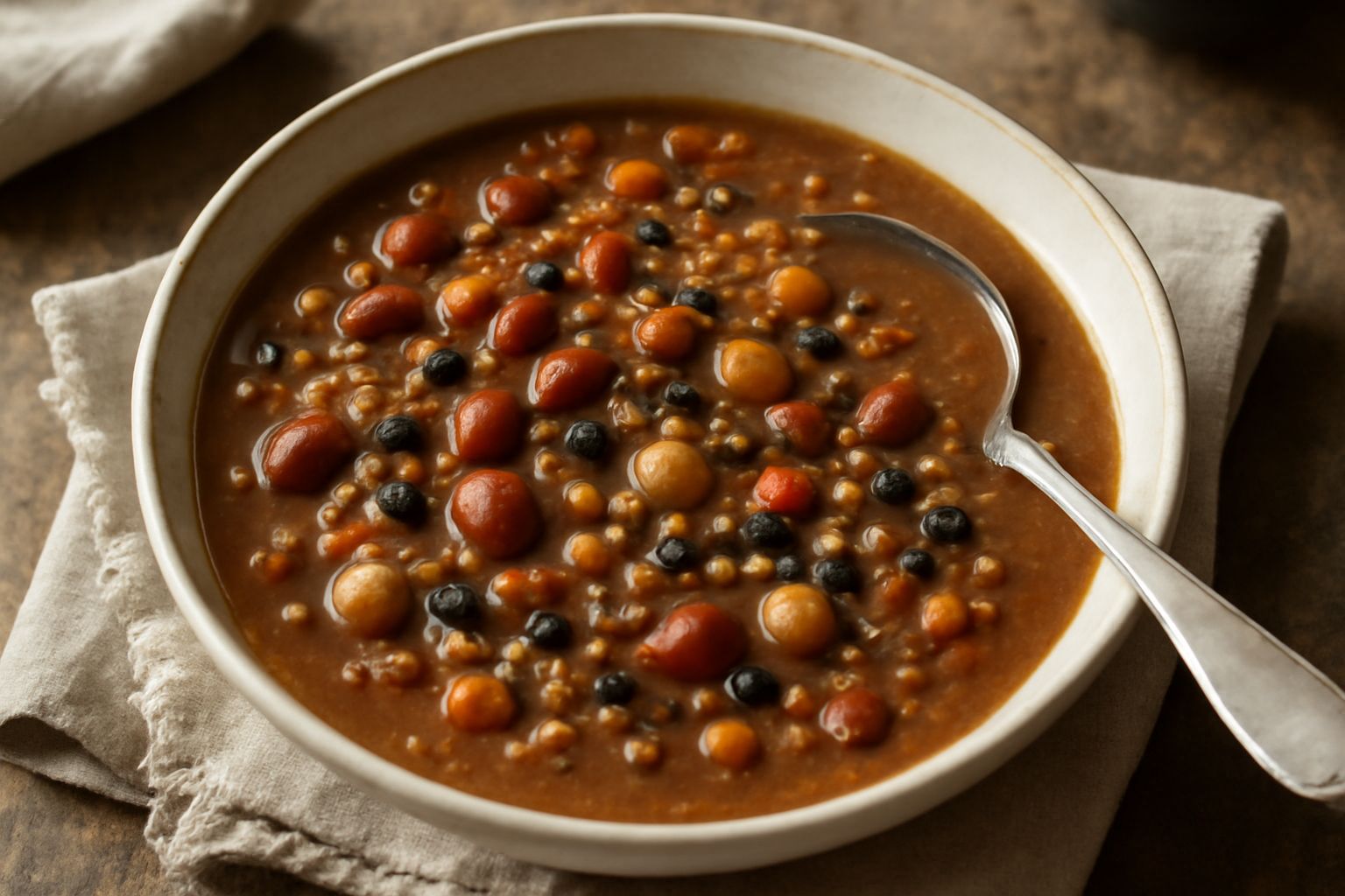 Minestra di legumi in ciotola di ceramica bianca, con fagioli rossi e lenticchie marrone visibili nel brodo cremoso, carota e sedano affettati, olio d'oliva in superficie, cucchiaio in acciaio sul bor