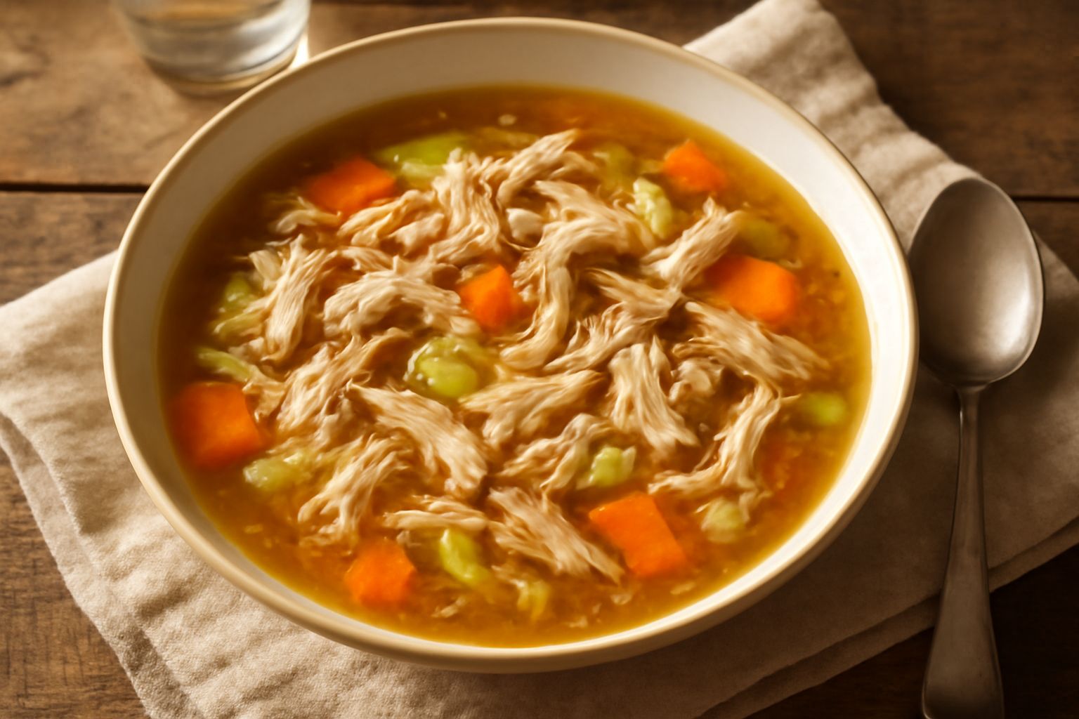 Una ciotola di ceramica bianca con minestra d'oca fumante, ricca di brodo ambrato, pezzi di carne tenera, pasta corta e verdure affettate, servita con cucchiaio di legno e pane tostato accanto