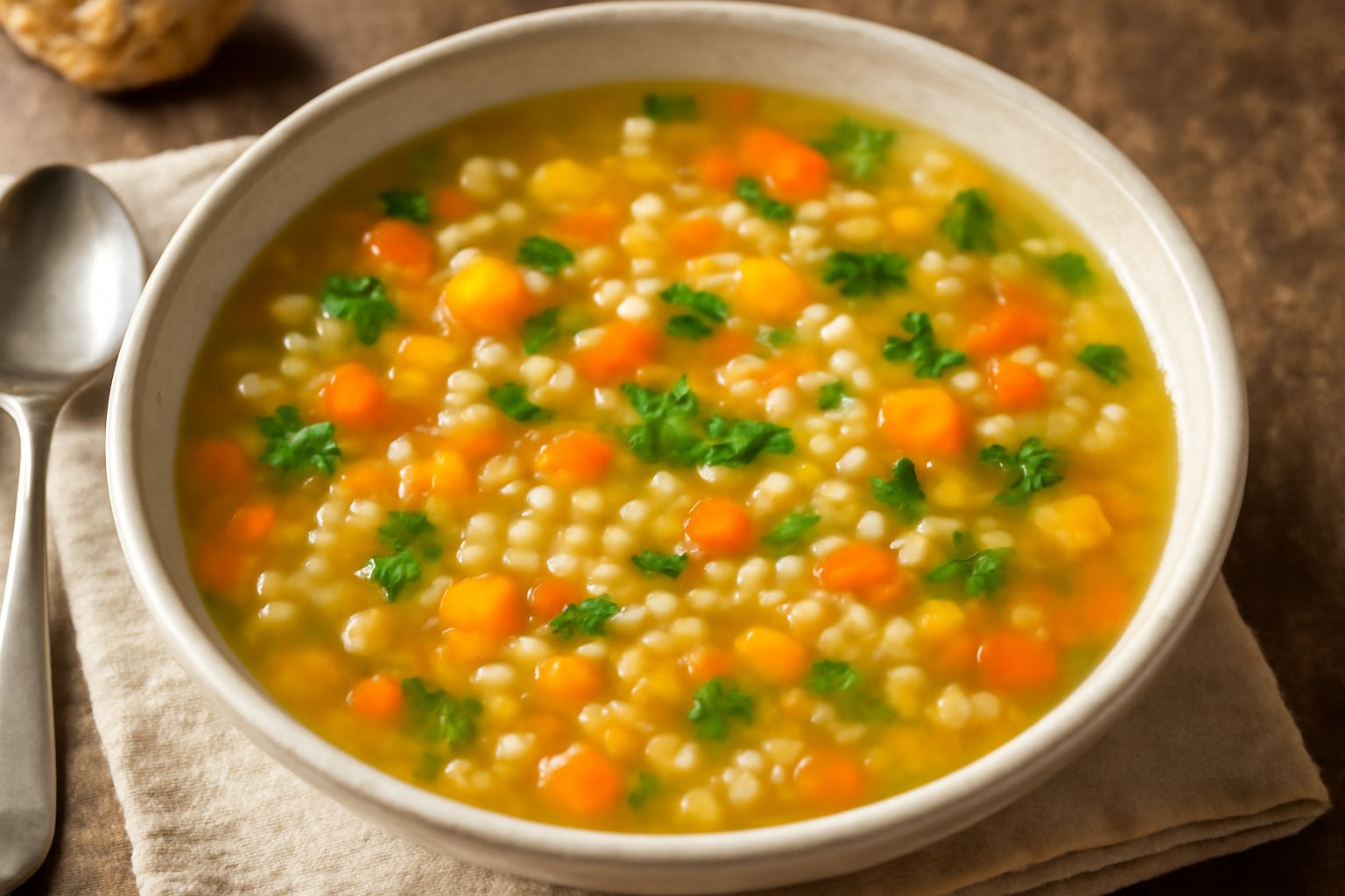 Minestra d'ogne cosa in ciotola bianca con verdure tagliate a dadini, pasta corta, brodo trasparente, foglie di prezzemolo fresco sulla superficie, cucchiaio di legno appoggiato a lato, fondo bianco n