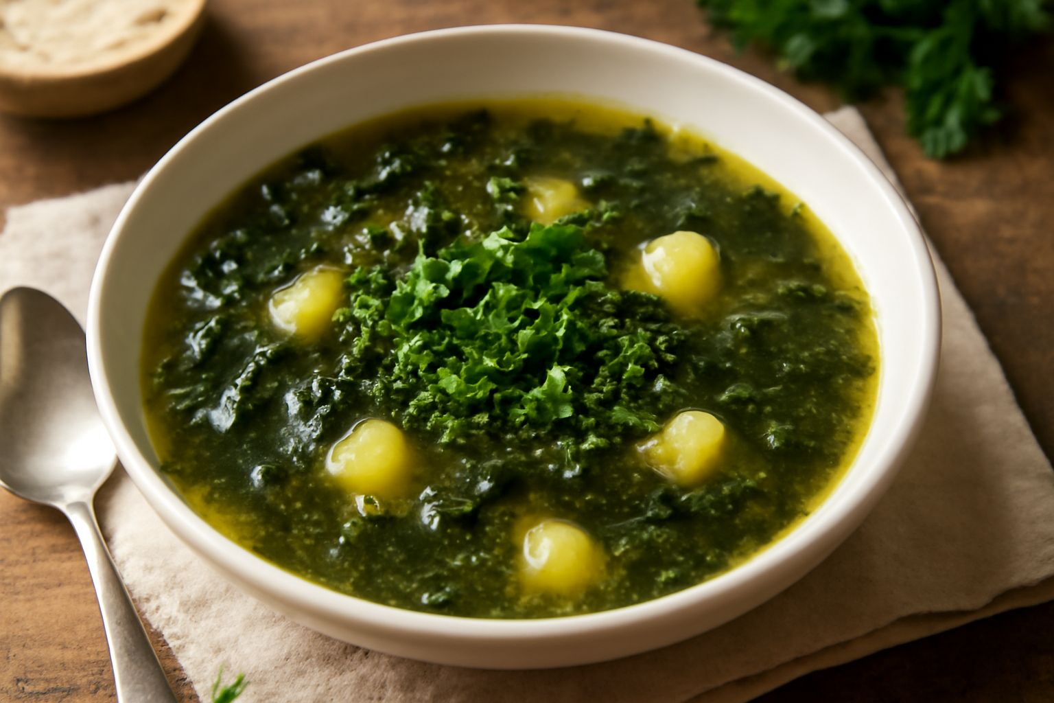 Minestra d'ortica in ciotola di ceramica bianca, brodo trasparente color oro, foglie d'ortica verde scuro, patate morbide tagliate a dadini, gocce di olio d'oliva sulla superficie, cucchiaio di legno 