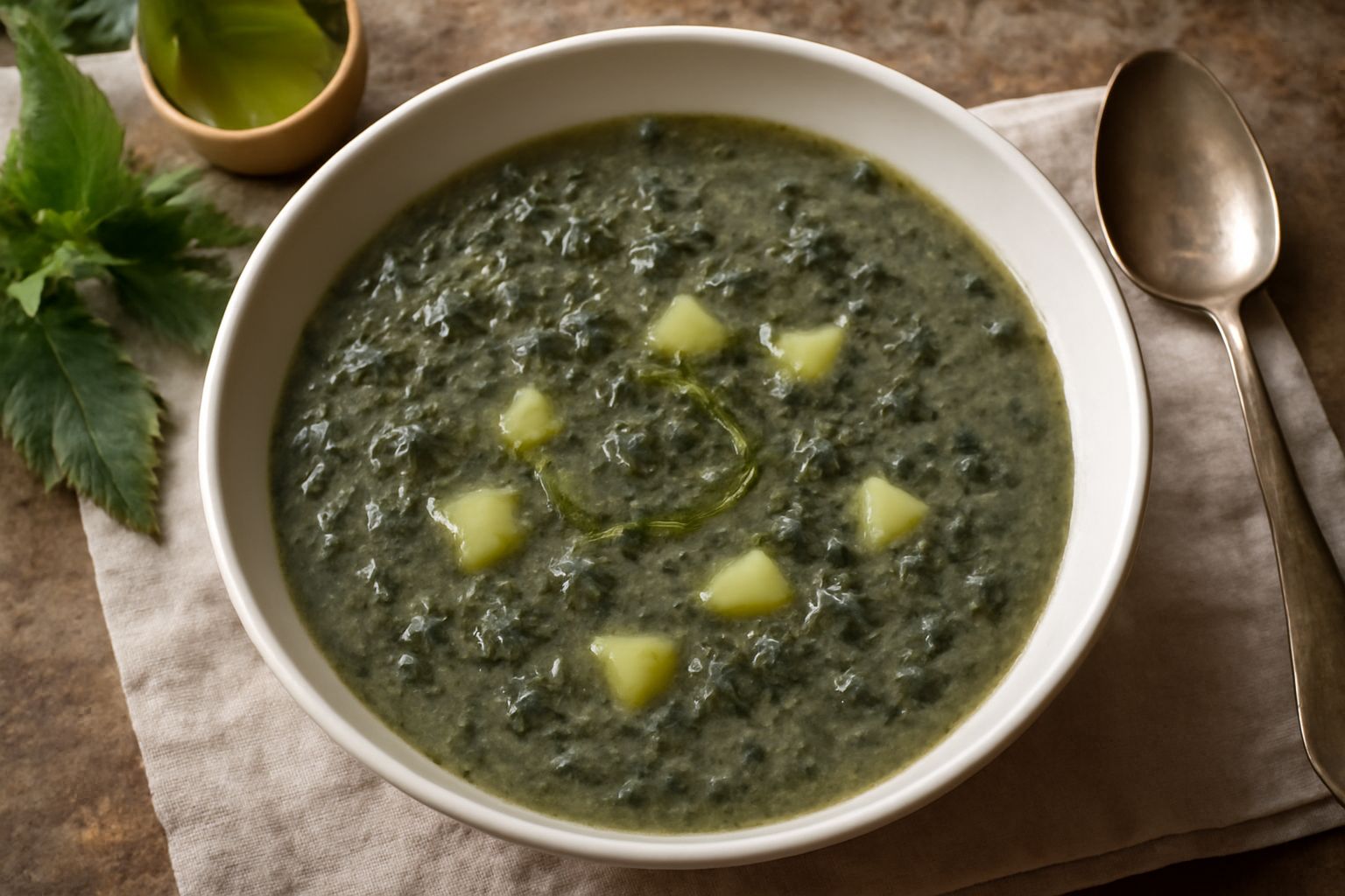 Minestra d'ortiche in ciotola bianca fonda con brodo trasparente, ortica verde scuro sbriciolata, patate bianche in dadini, filo di olio d'oliva in superficie e parmigiano grattugiato