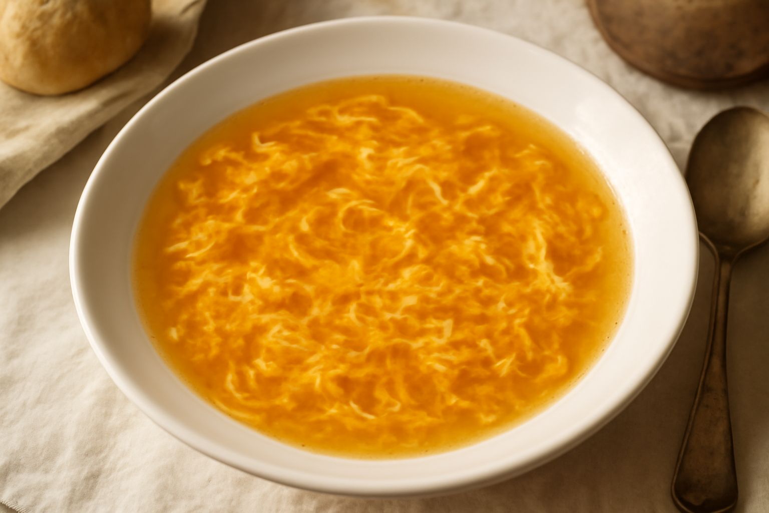 Minestra d'oru in una ciotola bianca: brodo trasparente dorato con filamenti di uovo cotto, profumata di formaggio, con cucchiaio di legno accanto e pane tostato sullo sfondo