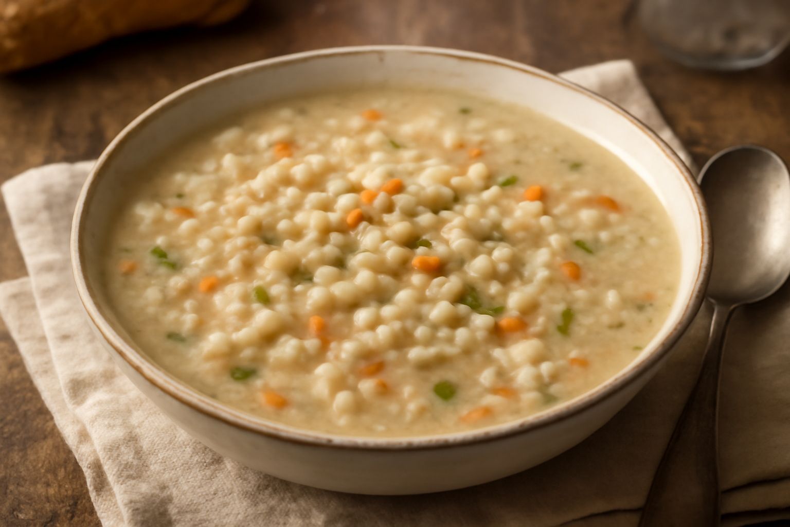 Una ciotola di minestra d'orzada fumante con orzo perlato visibile, verdure tagliate finemente, colore beige naturale del brodo, servita in una ciotola di ceramica bianca