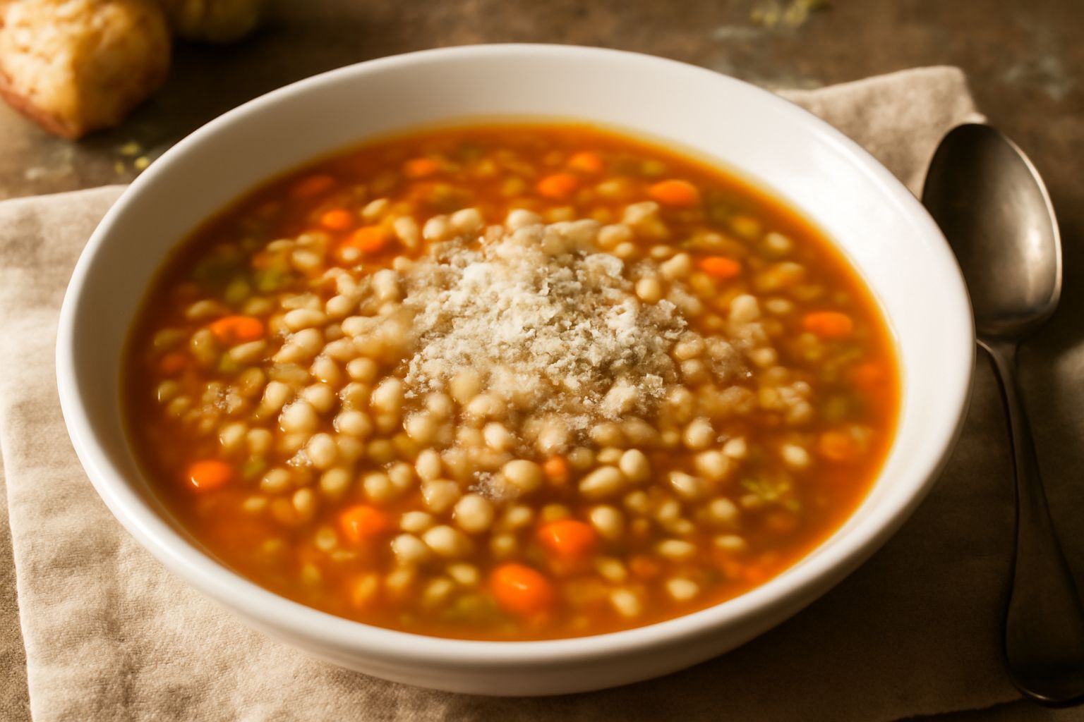 Ciotola di minestra d'orzata fumante con orzo visibile, dadini di verdure arancioni e verdi, brodo trasparente, servita con un cucchiaio di legno su una tovaglia di lino grigio
