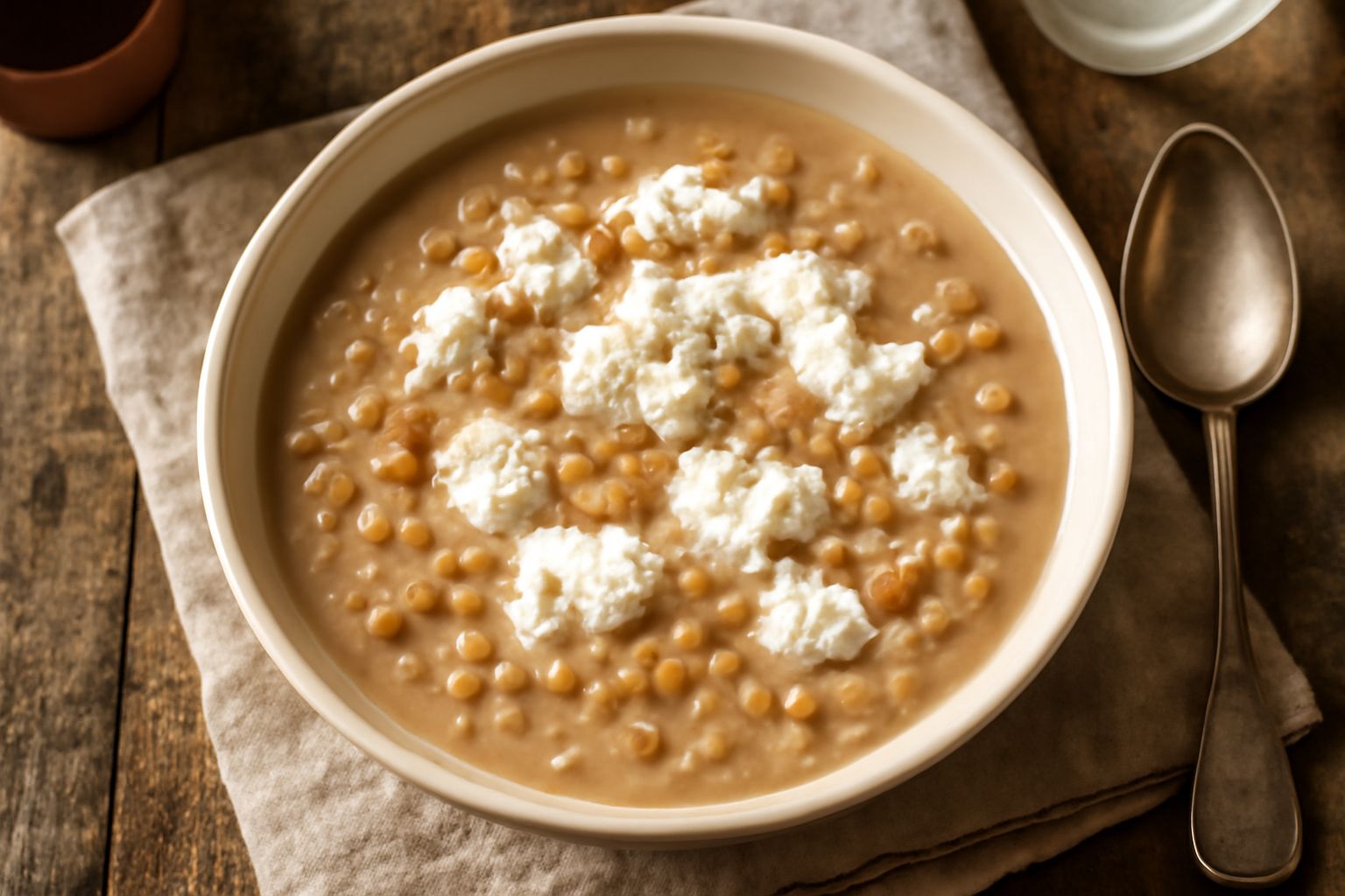 Minestra cremosa color beige in ciotola bianca, con grani d'orzata visibili in sospensione, ricotta bianca a fili sparsi in superficie, brodo trasparente, germogli di prezzemolo fresco verde, pane tos