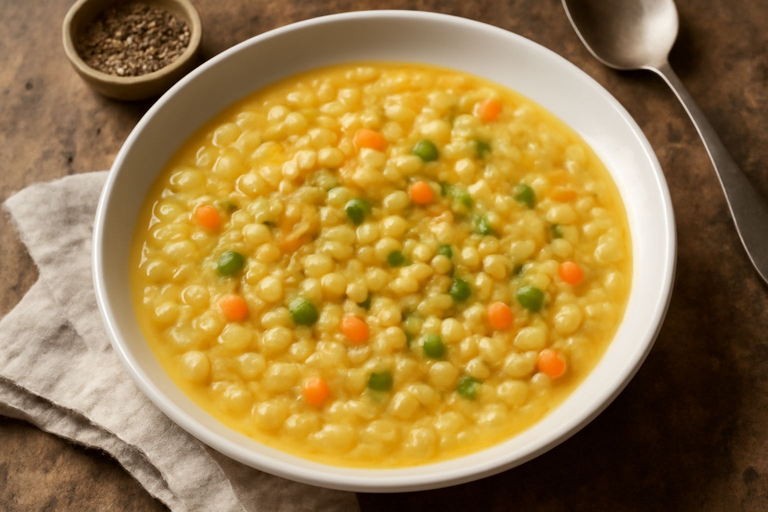 Una ciotola bianca con minestra d'orzata fumante: orzo gonfo e cremoso, verdure morbide, brodo trasparente dorato, guarnita con un filo di olio extravergine e prezzemolo fresco tritato