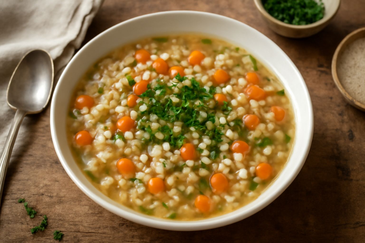 Minestra d'orzetto in una scodella di porcellana bianca, con grani d'orzetto visibili in brodo chiaro, dadini di carota arancioni, fili di sedano e una manciata di prezzemolo fresco tritato in superfi